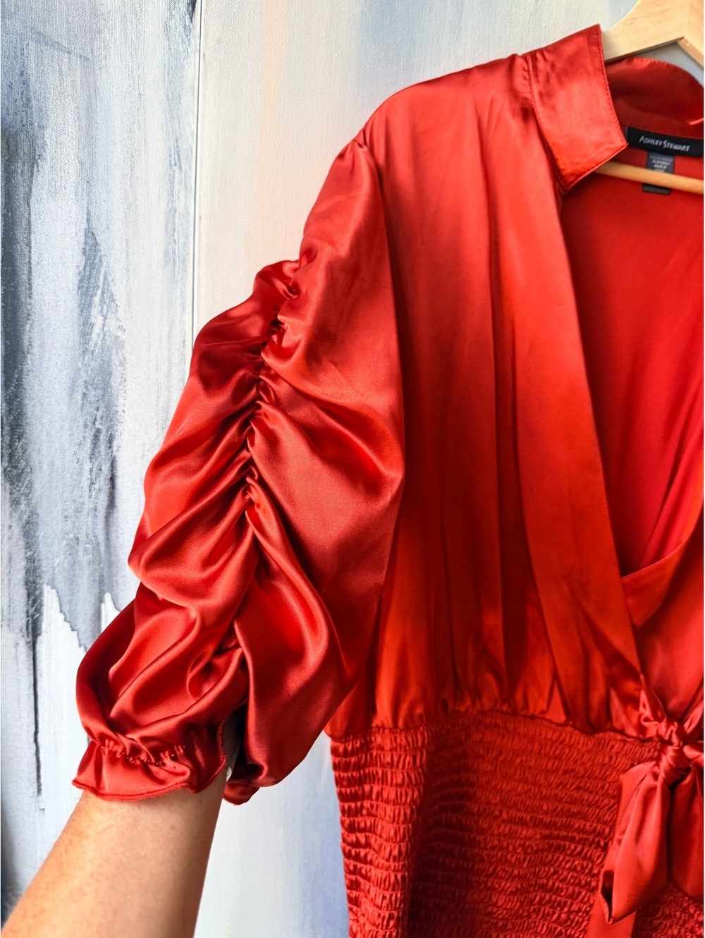 Ashley Stewart Poppy Red Orange Satin Wrap Blouse 14W - Picture 6 of 7